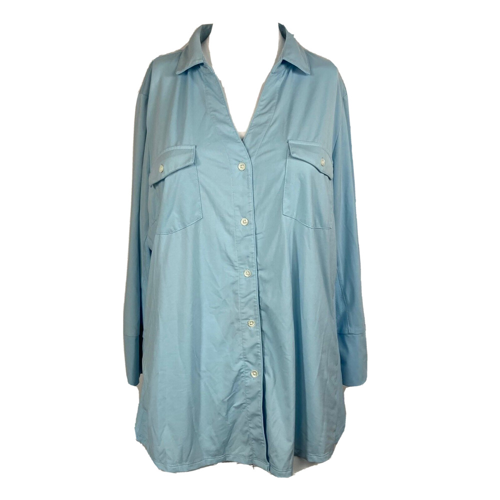 J. McLaughlin Shirt Women XL Blue Stretch V-Neck Collared Pocket Button Blouse